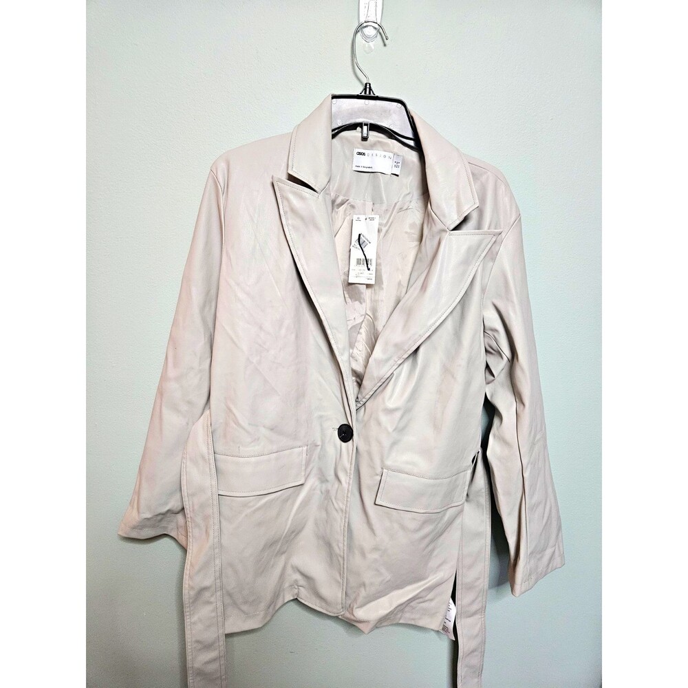 ASOS DESIGN Womens Beige Faux Leather Belted Button Front Jacket Pockets Sz 4